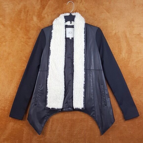 JACK Womens Jacket Small Black Faux Leather Open Draped Sherpa Collar BB DAKOTA - Picture 1 of 8